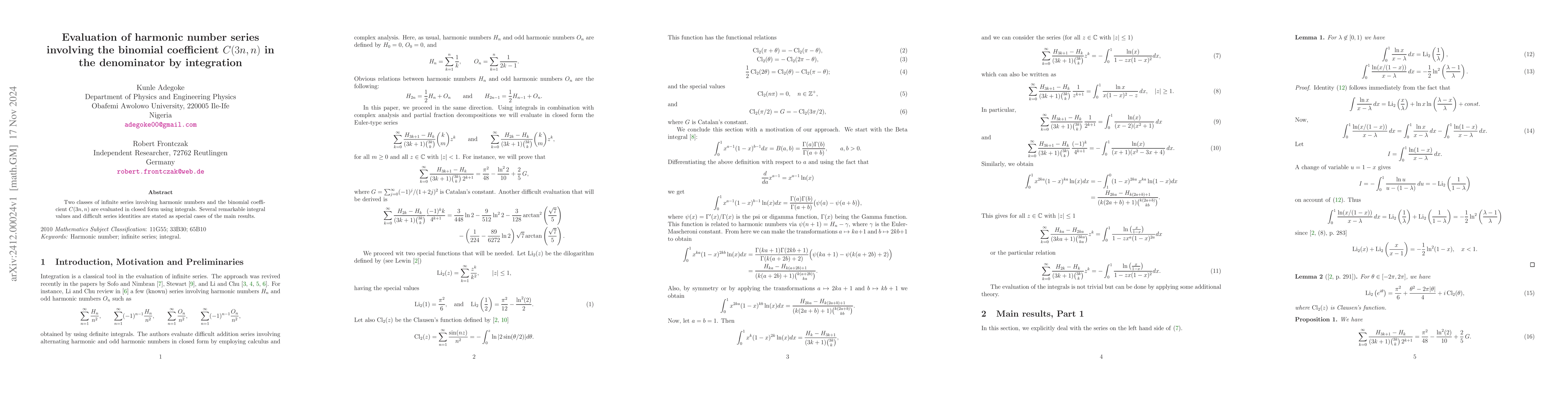 Thumbnail for Evaluation of harmonic number series involving the binomial coefficient
  $C(3n,n)$ in the denominator by integration