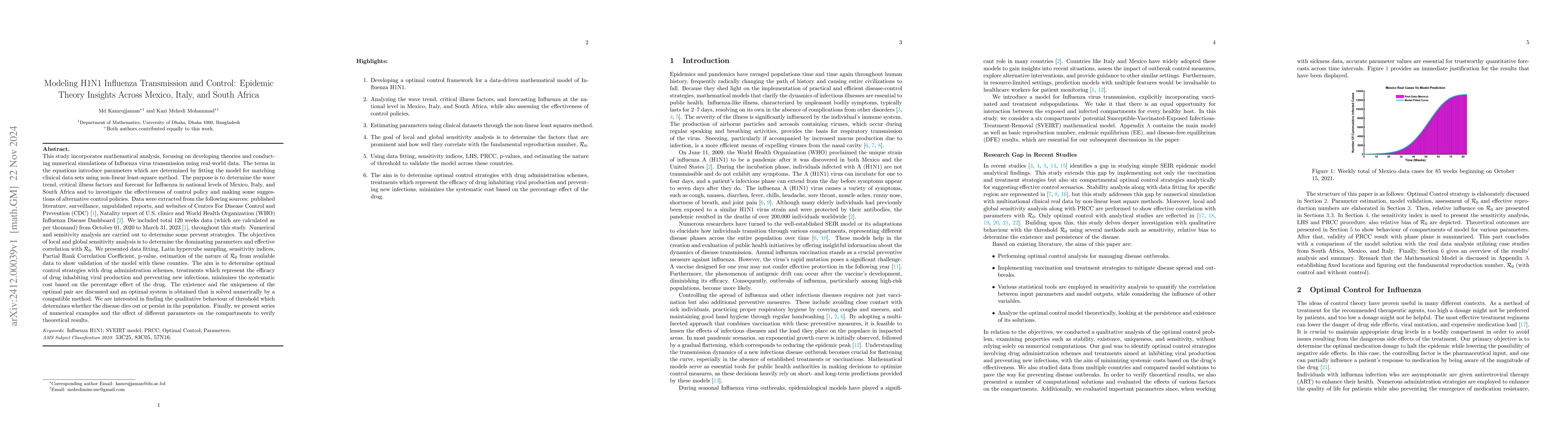 Thumbnail for Modeling H1N1 Influenza Transmission and Control: Epidemic Theory
  Insights Across Mexico, Italy, and South Africa