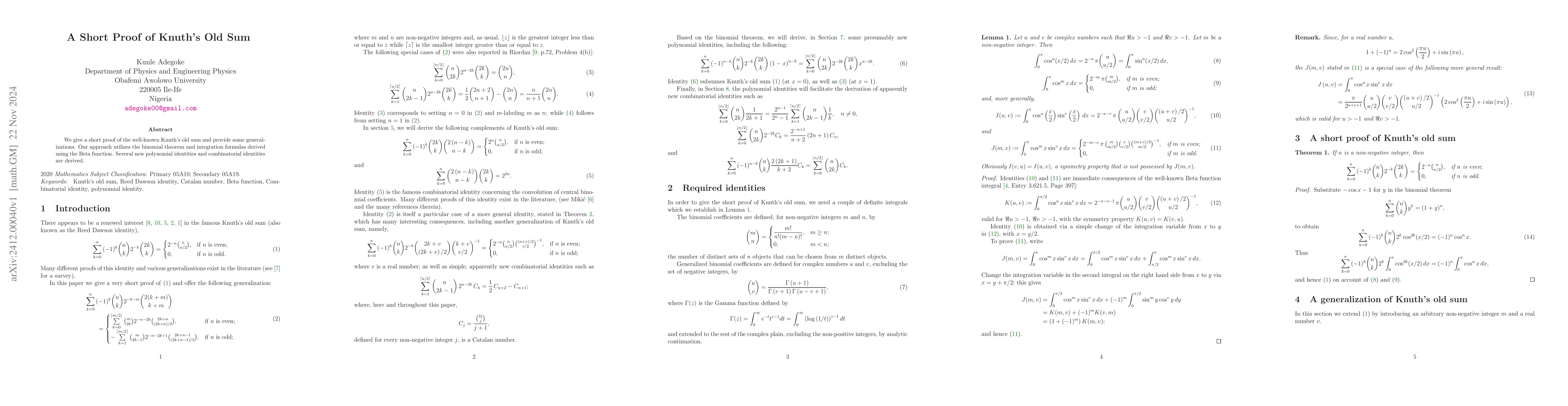 Thumbnail for A Short Proof of Knuth's Old Sum