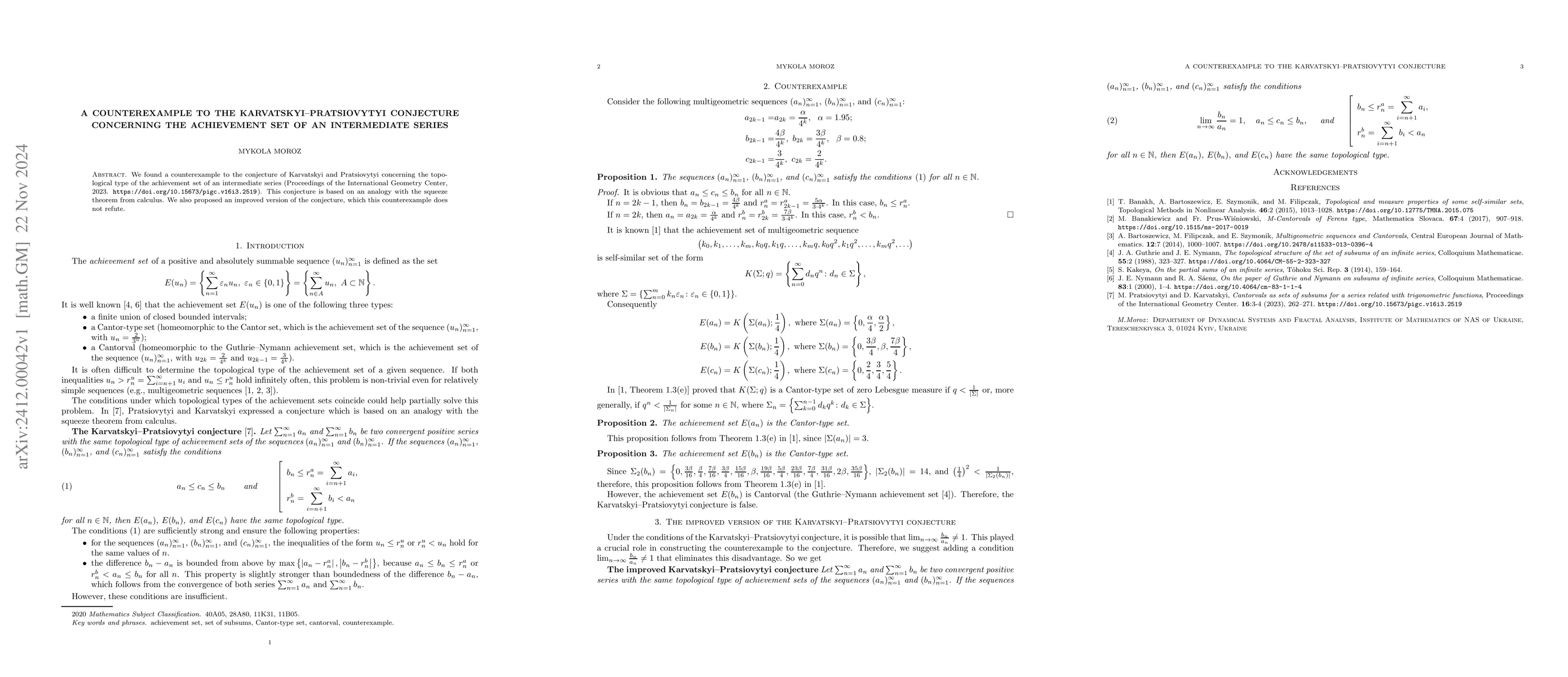 Thumbnail for A counterexample to the Karvatskyi--Pratsiovytyi conjecture concerning
  the achievement set of an intermediate series