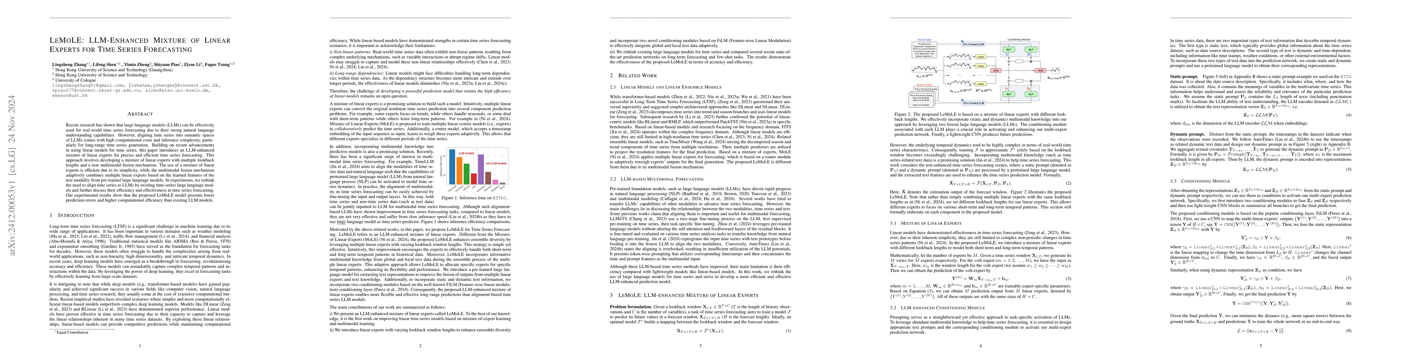 Thumbnail for LeMoLE: LLM-Enhanced Mixture of Linear Experts for Time Series
  Forecasting