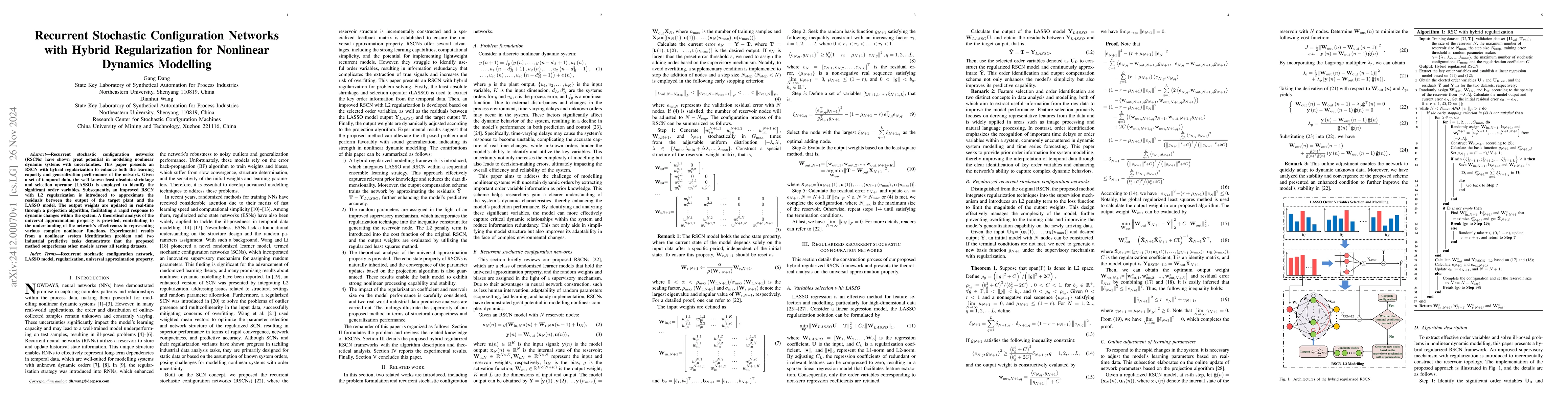 Thumbnail for Recurrent Stochastic Configuration Networks with Hybrid Regularization
  for Nonlinear Dynamics Modelling