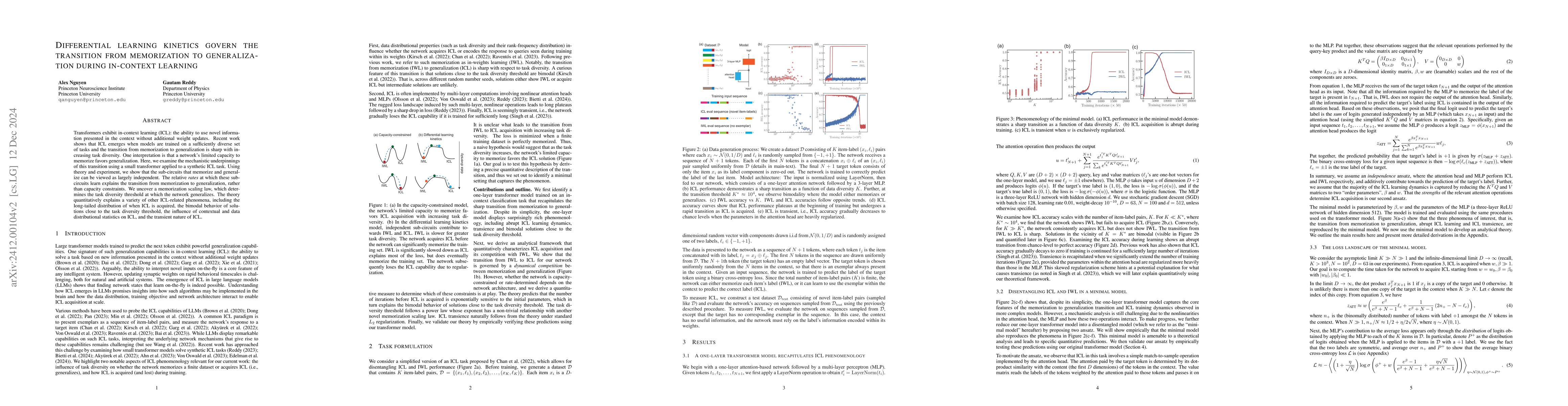 Thumbnail for Differential learning kinetics govern the transition from memorization
  to generalization during in-context learning