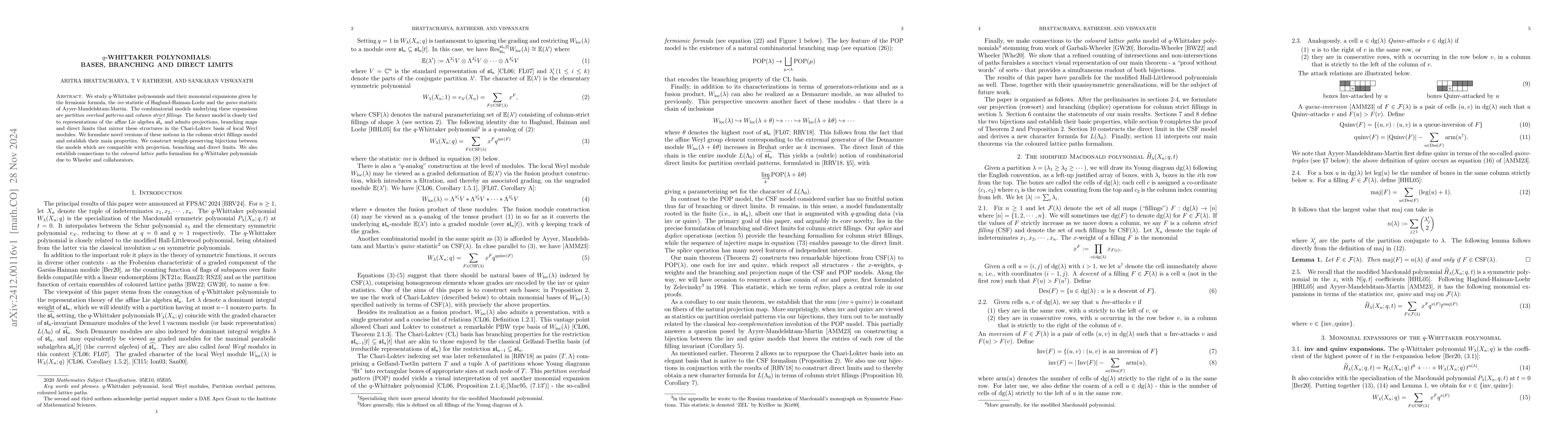Thumbnail for $q$-Whittaker polynomials: bases, branching and direct limits
