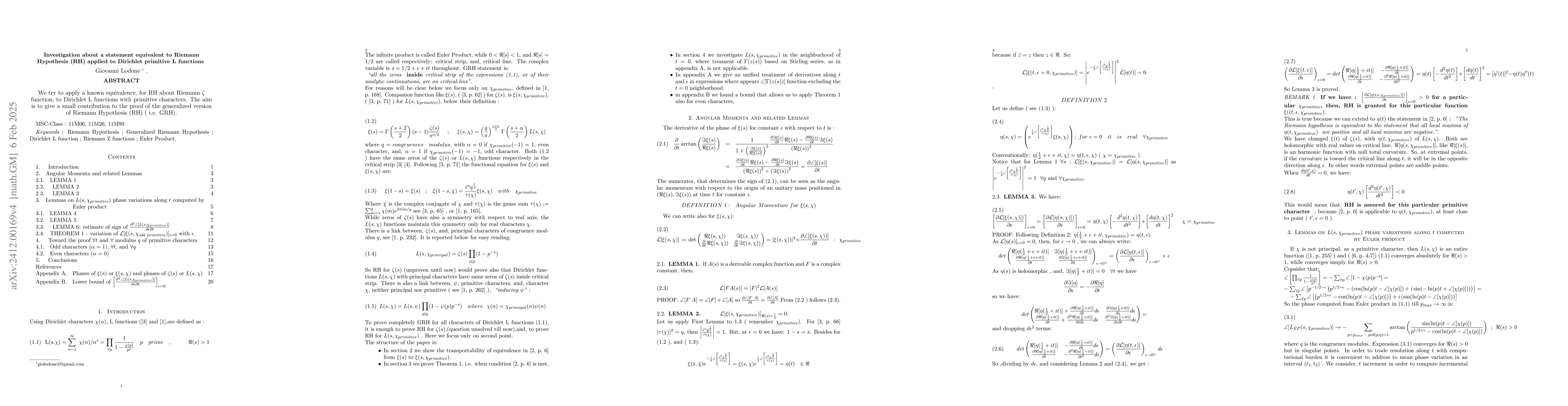 Thumbnail for Investigation about a statement equivalent to Riemann Hypothesis (RH)
  applied to Dirichlet primitive L functions