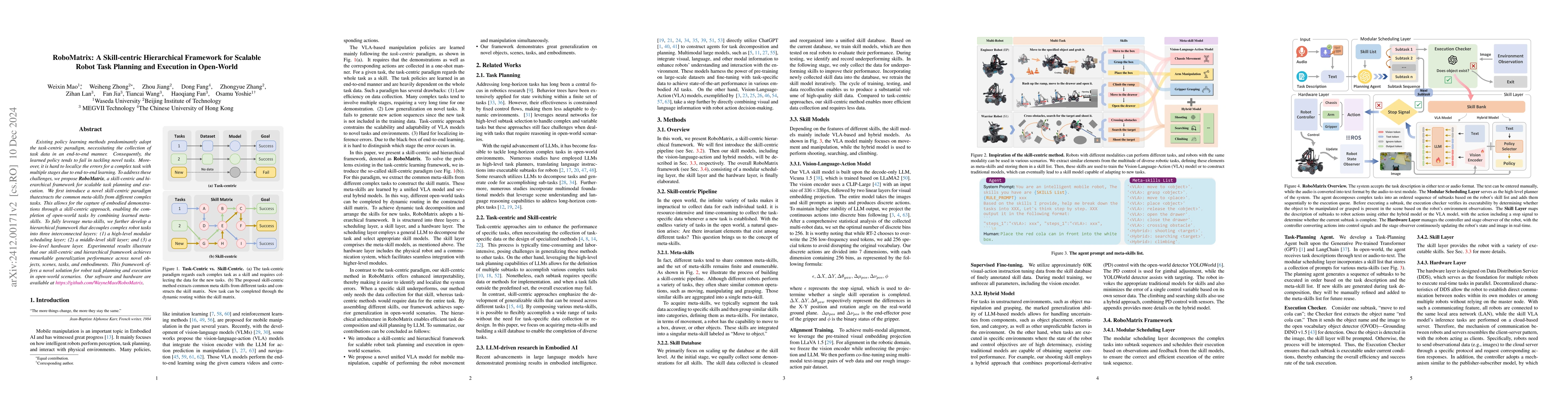 Thumbnail for RoboMatrix: A Skill-centric Hierarchical Framework for Scalable Robot
  Task Planning and Execution in Open-World