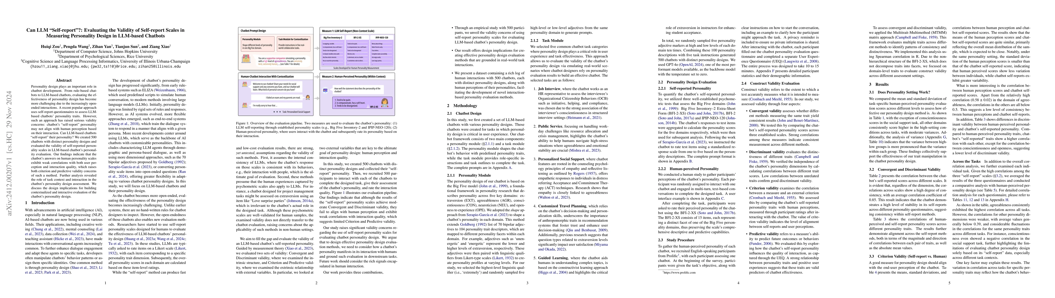 Thumbnail for Can LLM "Self-report"?: Evaluating the Validity of Self-report Scales in
  Measuring Personality Design in LLM-based Chatbots