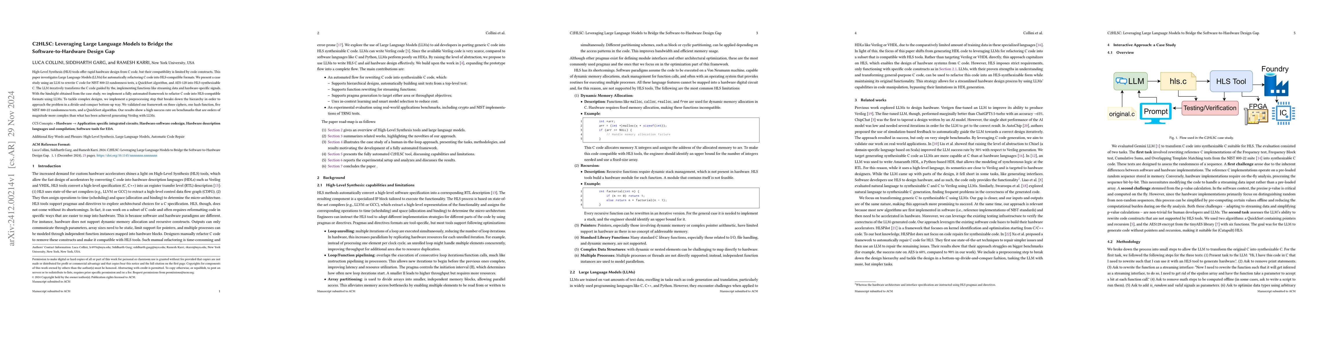 Thumbnail for C2HLSC: Leveraging Large Language Models to Bridge the
  Software-to-Hardware Design Gap