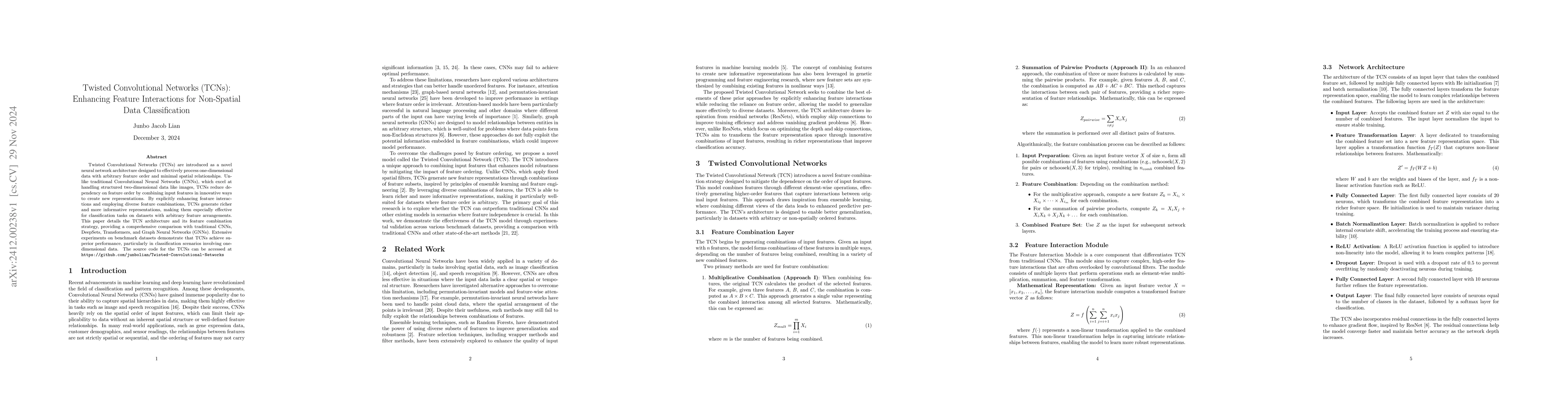 Thumbnail for Twisted Convolutional Networks (TCNs): Enhancing Feature Interactions
  for Non-Spatial Data Classification