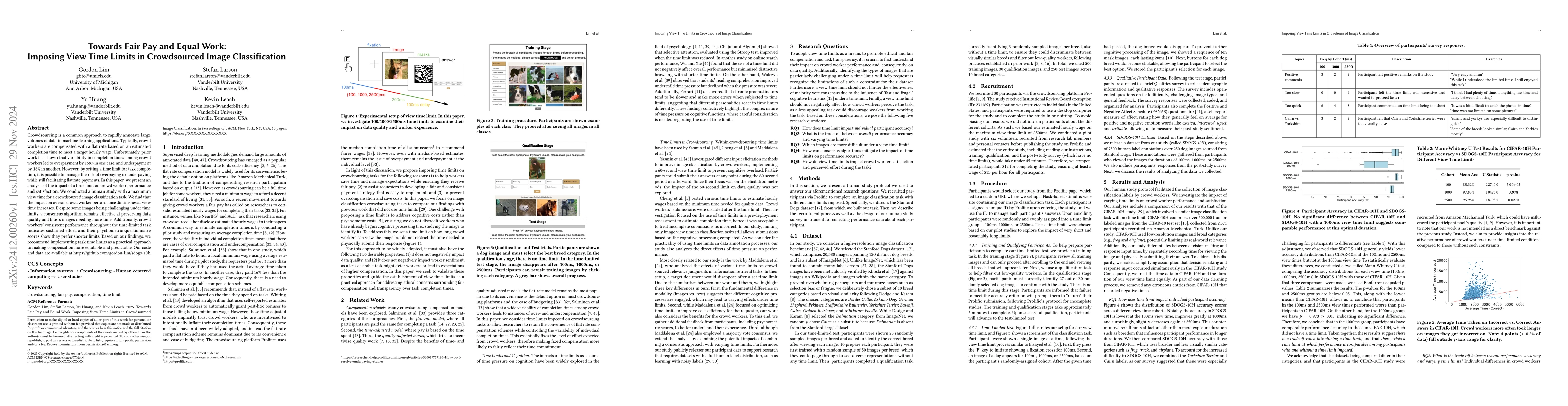 Thumbnail for Towards Fair Pay and Equal Work: Imposing View Time Limits in
  Crowdsourced Image Classification