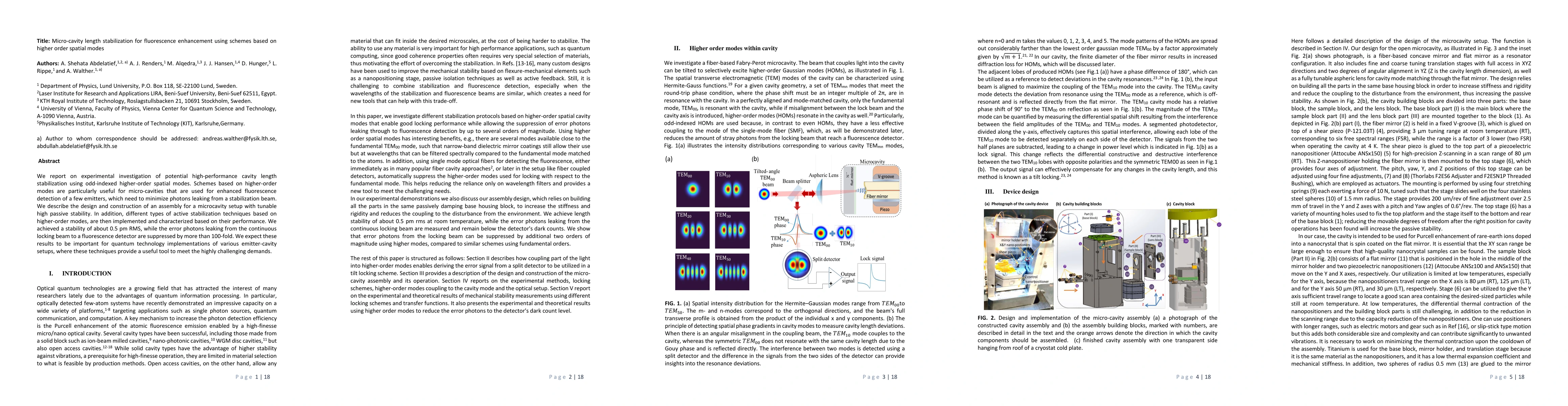 Thumbnail for Micro-cavity length stabilization for fluorescence enhancement using
  schemes based on higher order spatial modes