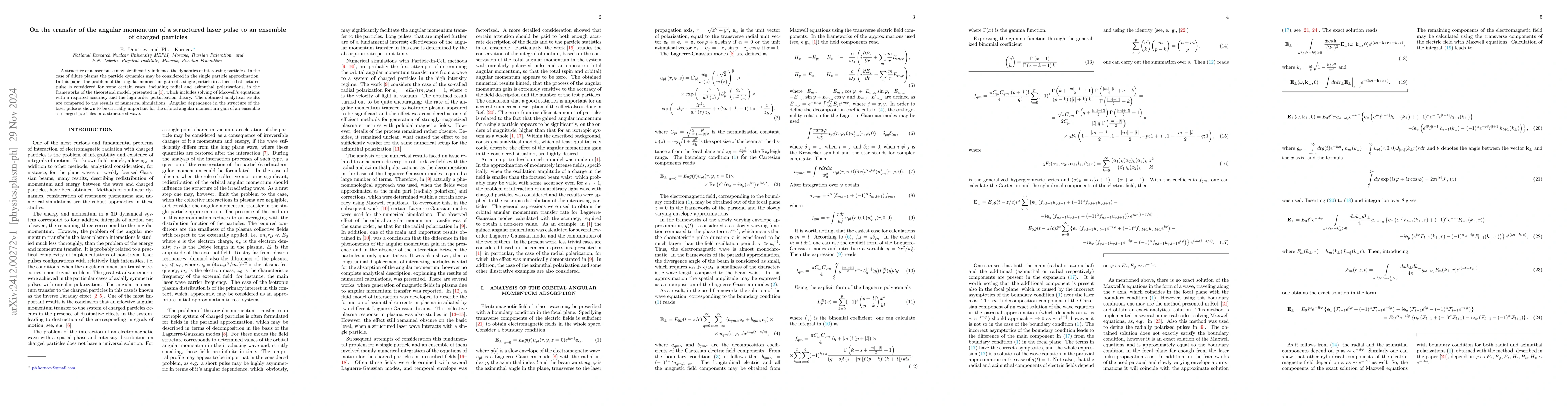 Thumbnail for On the transfer of the angular momentum of a structured laser pulse to
  an ensemble of charged particles