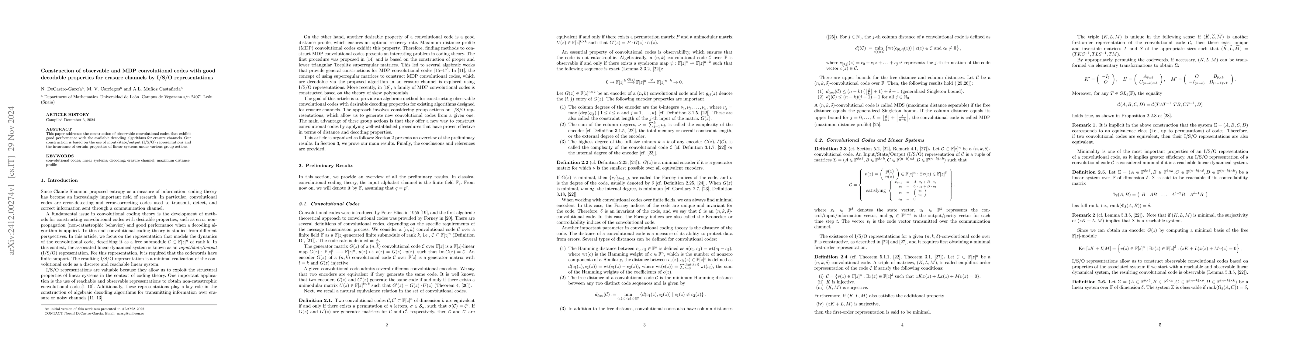 Thumbnail for Construction of observable and MDP convolutional codes with good
  decodable properties for erasure channels by I/S/O representations