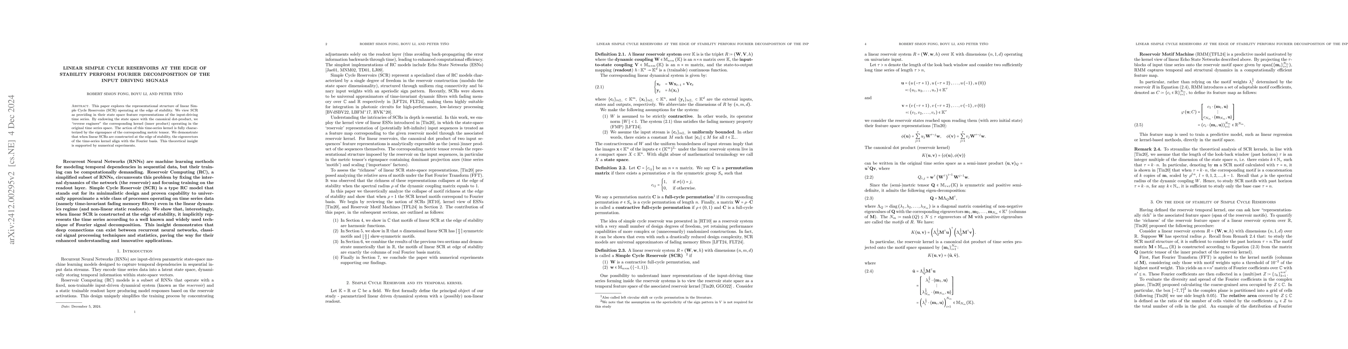Thumbnail for Linear Simple Cycle Reservoirs at the edge of stability perform Fourier
  decomposition of the input driving signals