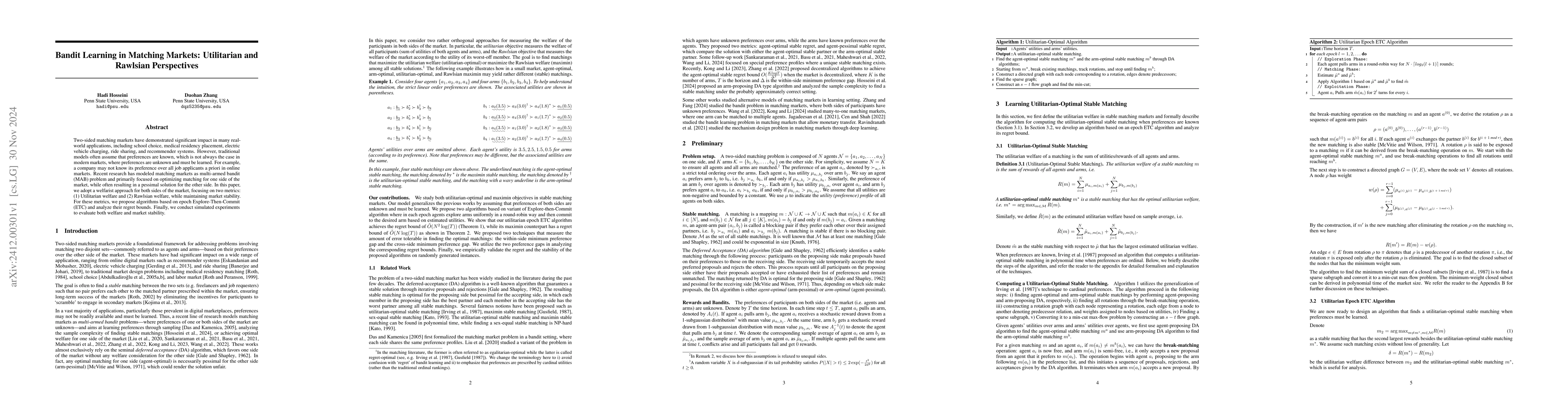 Thumbnail for Bandit Learning in Matching Markets: Utilitarian and Rawlsian
  Perspectives