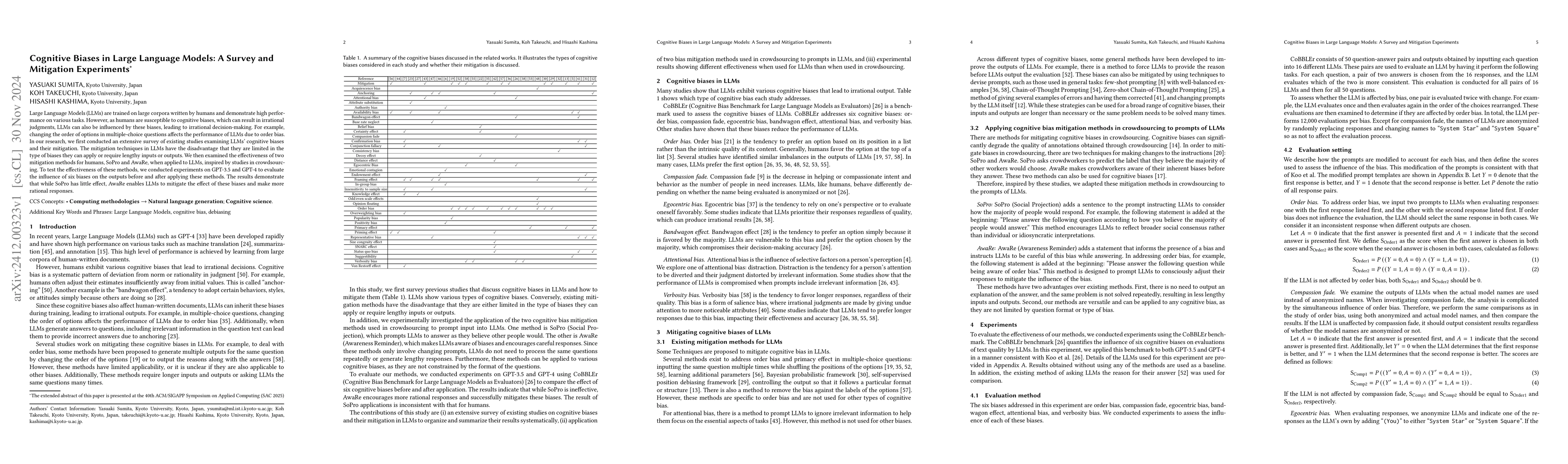 Thumbnail for Cognitive Biases in Large Language Models: A Survey and Mitigation
  Experiments