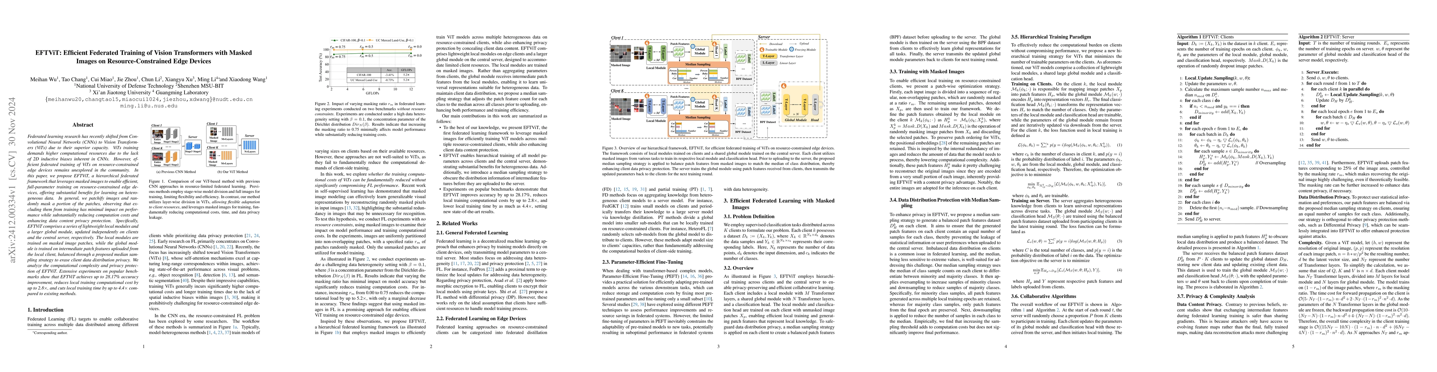 Thumbnail for EFTViT: Efficient Federated Training of Vision Transformers with Masked
  Images on Resource-Constrained Edge Devices