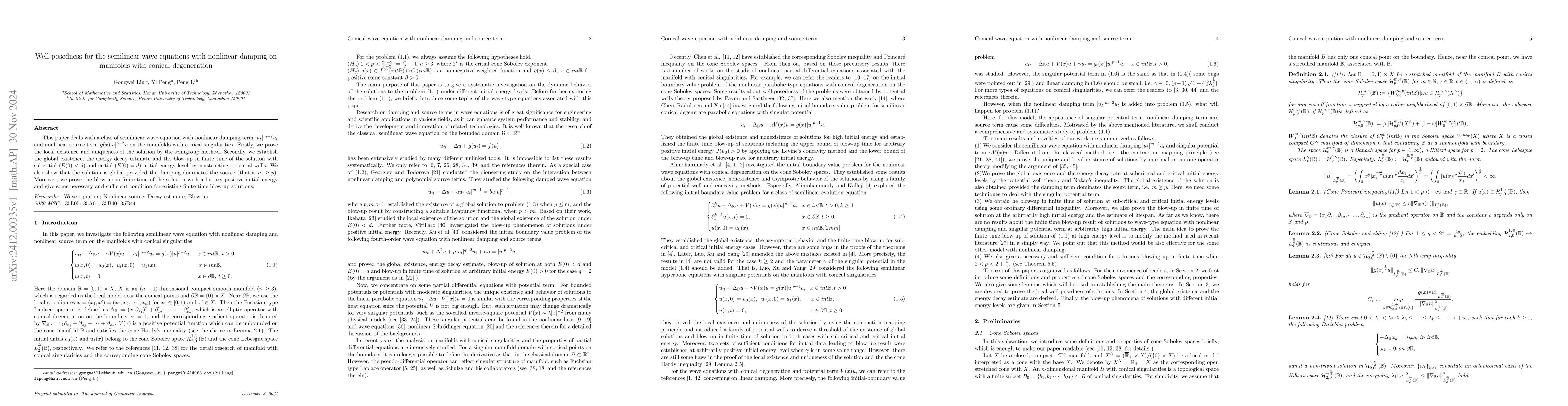 Thumbnail for Well-posedness for the semilinear wave equations with nonlinear damping
  on manifolds with conical degeneration
