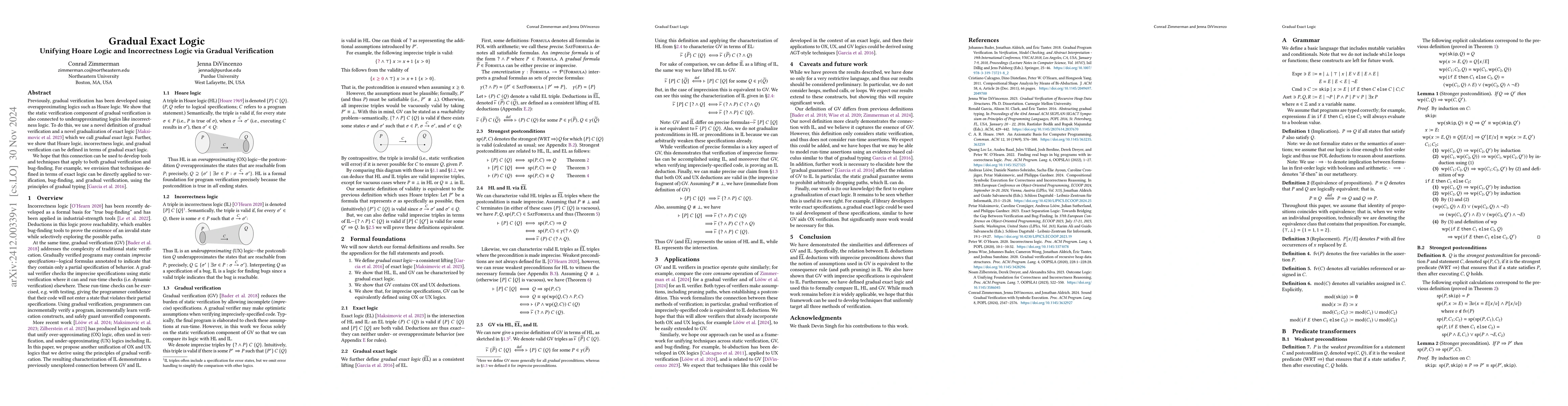 Thumbnail for Gradual Exact Logic: Unifying Hoare Logic and Incorrectness Logic via
  Gradual Verification