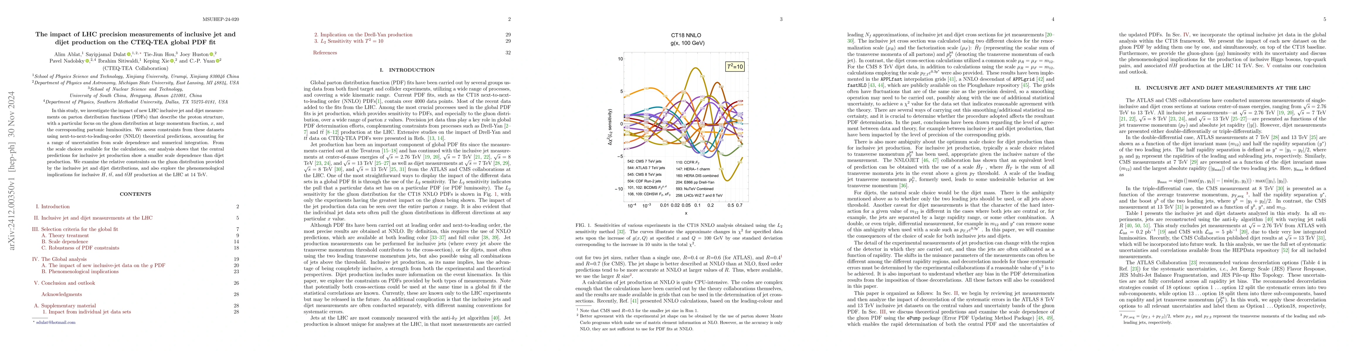 Thumbnail for The impact of LHC precision measurements of inclusive jet and dijet
  production on the CTEQ-TEA global PDF fit