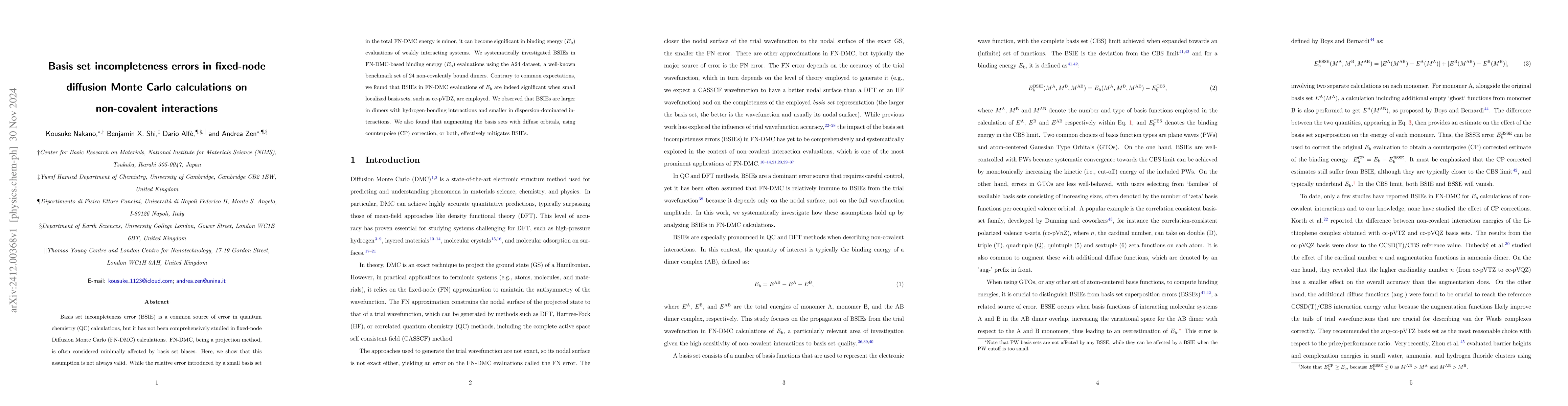Thumbnail for Basis set incompleteness errors in fixed-node diffusion Monte Carlo
  calculations on non-covalent interactions