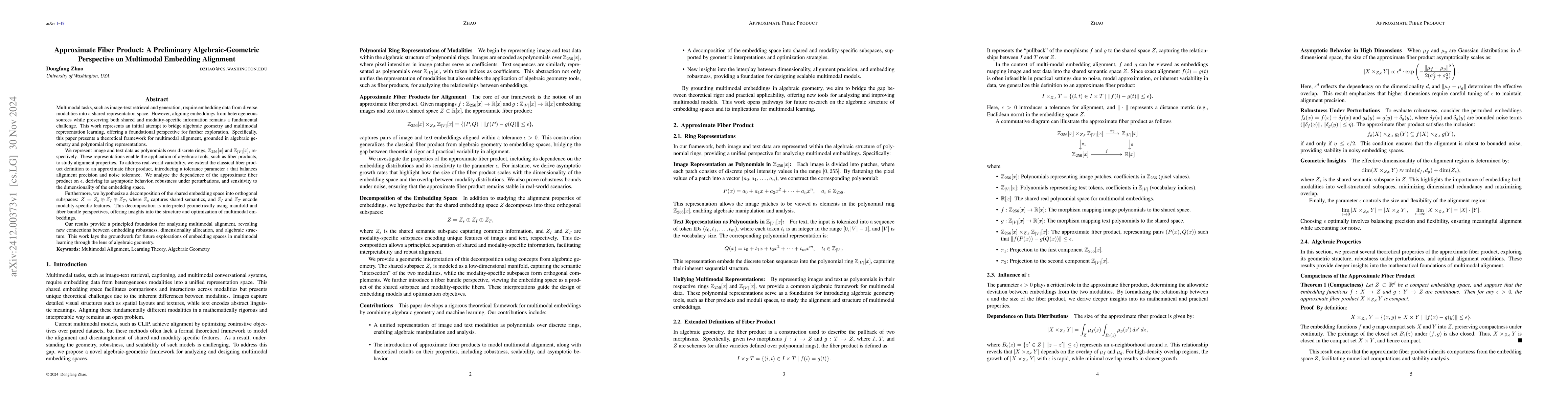 Thumbnail for Approximate Fiber Product: A Preliminary Algebraic-Geometric Perspective
  on Multimodal Embedding Alignment