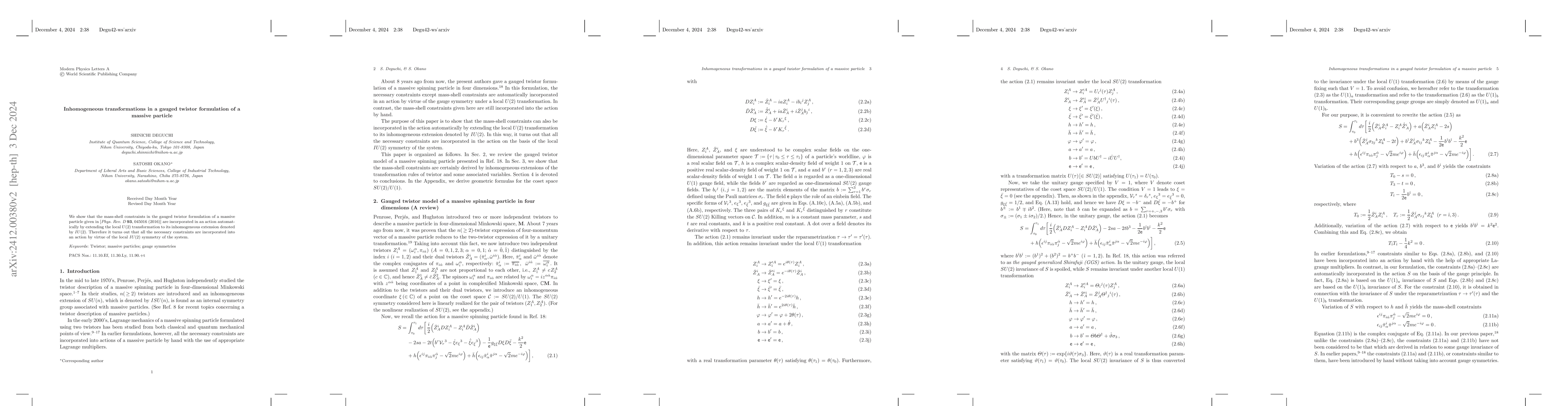 Thumbnail for Inhomogeneous transformations in a gauged twistor formulation of a
  massive particle
