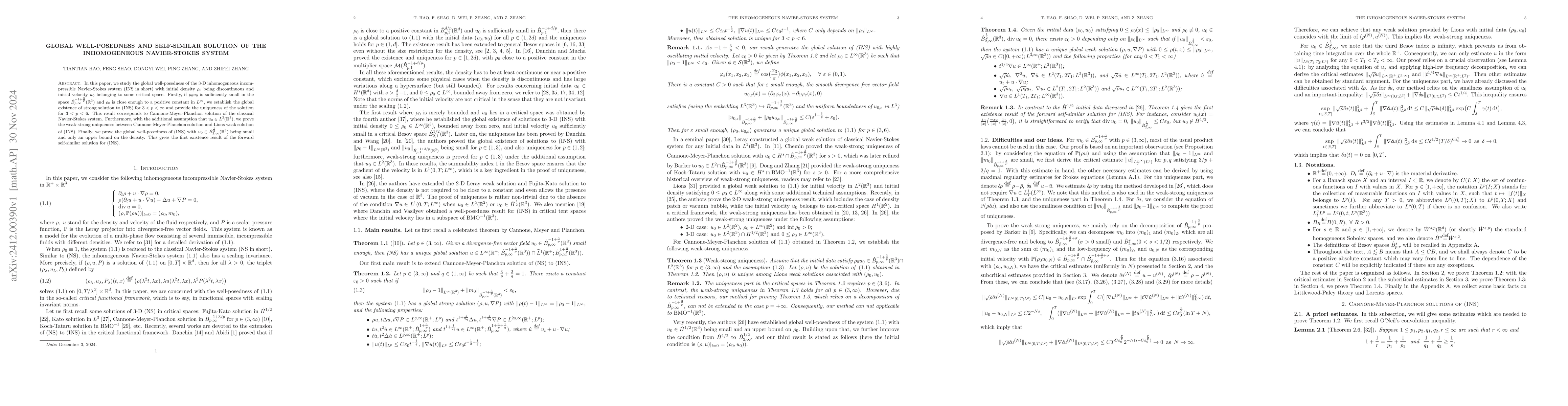 Thumbnail for Global well-posedness and self-similar solution of the inhomogeneous
  Navier-Stokes system