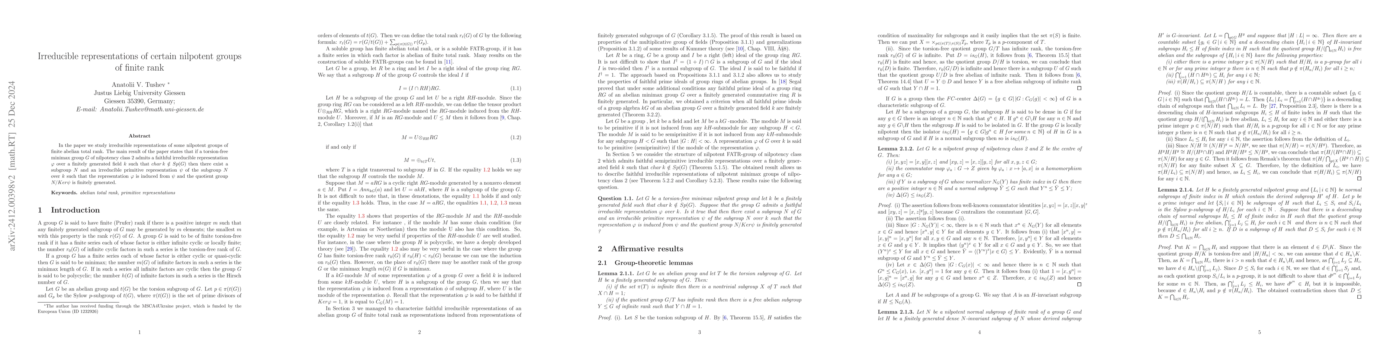 Thumbnail for Irreducible representations of certain nilpotent groups of finite rank