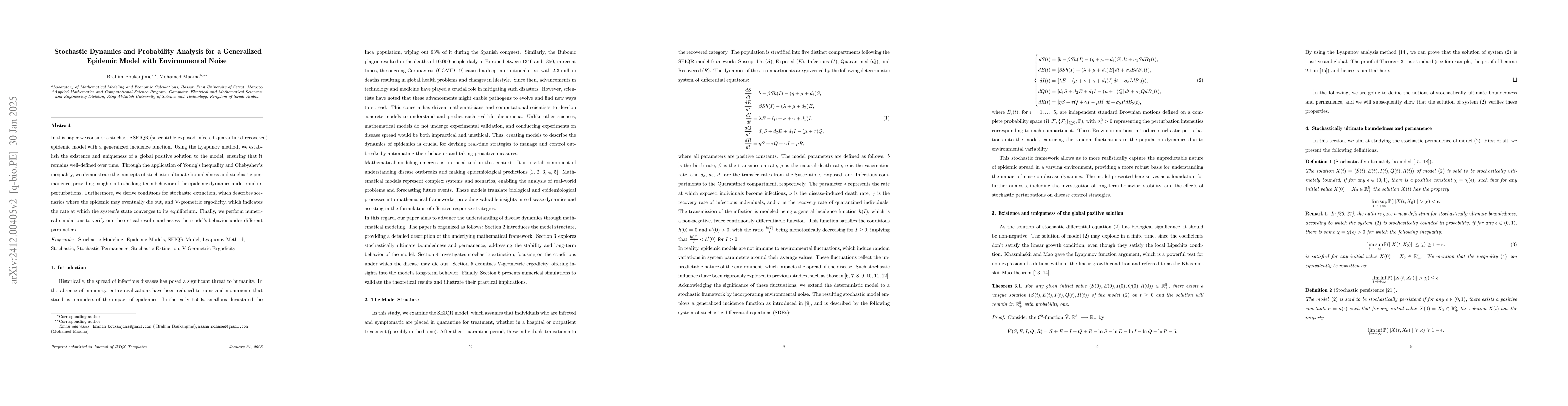 Thumbnail for Stochastic Dynamics and Probability Analysis for a Generalized Epidemic
  Model with Environmental Noise