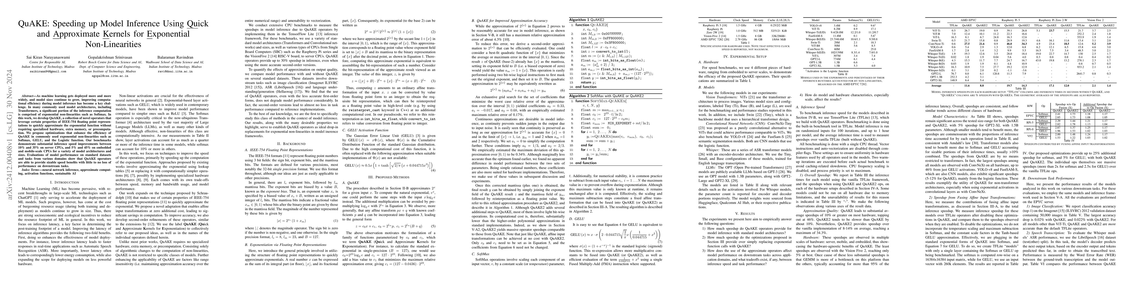 Thumbnail for QuAKE: Speeding up Model Inference Using Quick and Approximate Kernels
  for Exponential Non-Linearities