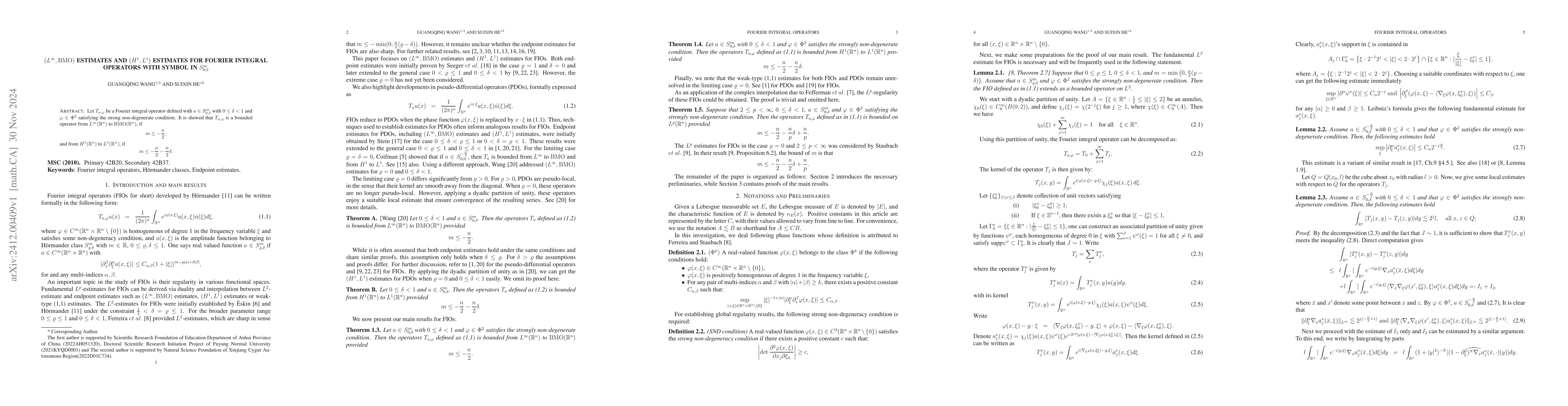 Thumbnail for $(L^{\infty},{\rm BMO})$ estimates and $(H^{1},L^{1})$ estimates for
  Fourier integral operators with symbol in $S^{m}_{0,δ}$