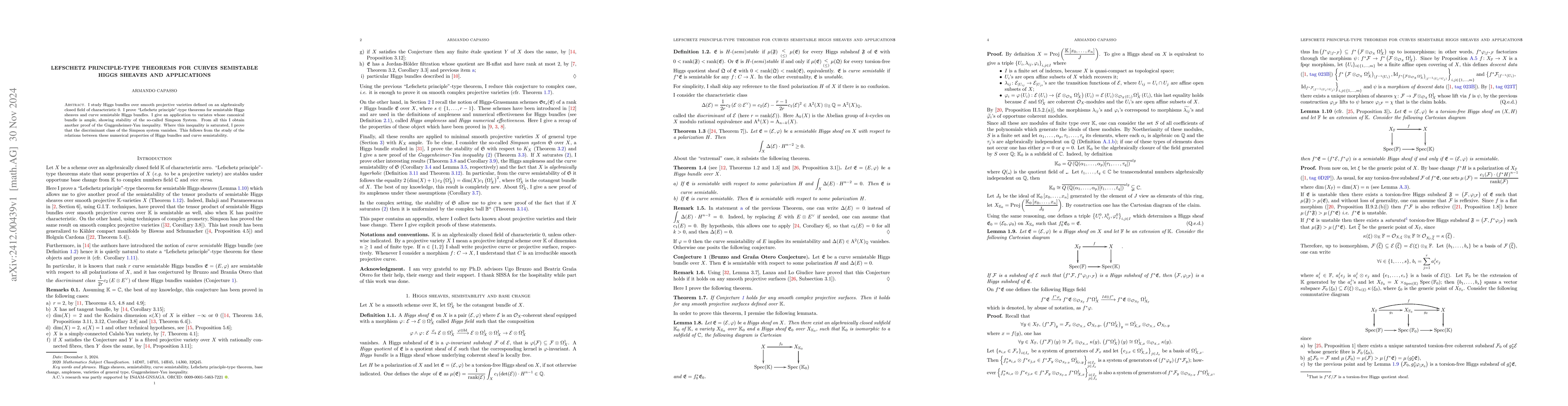 Thumbnail for Lefschetz principle-type theorems for curves semistable Higgs sheaves
  and applications