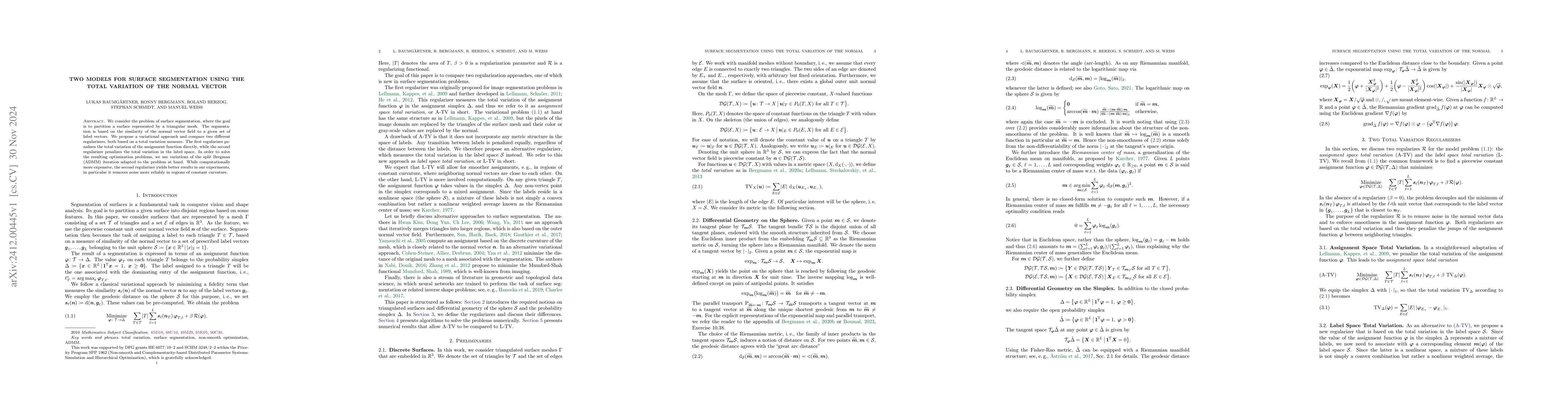 Thumbnail for Two Models for Surface Segmentation using the Total Variation of the
  Normal Vector