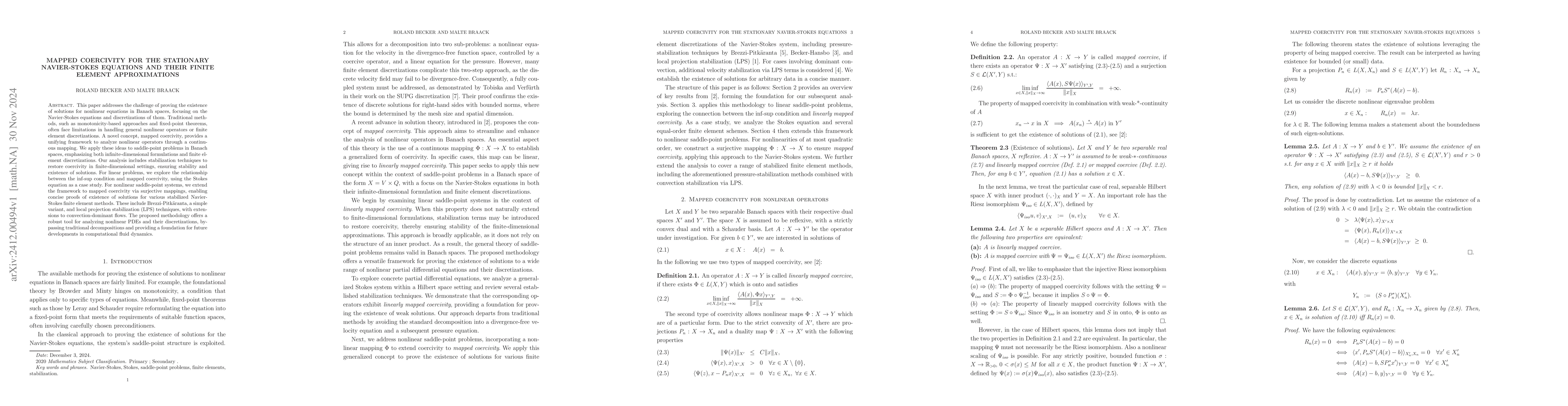 Thumbnail for Mapped coercivity for the stationary Navier-Stokes equations and their
  finite element approximations