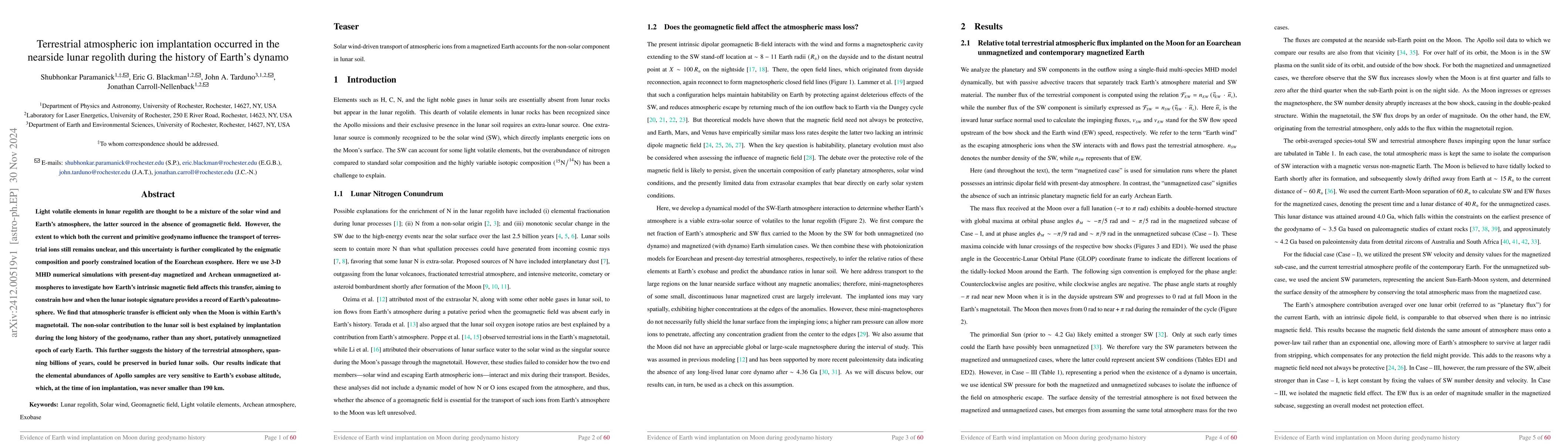 Thumbnail for Terrestrial atmospheric ion implantation occurred in the nearside lunar
  regolith during the history of Earth's dynamo