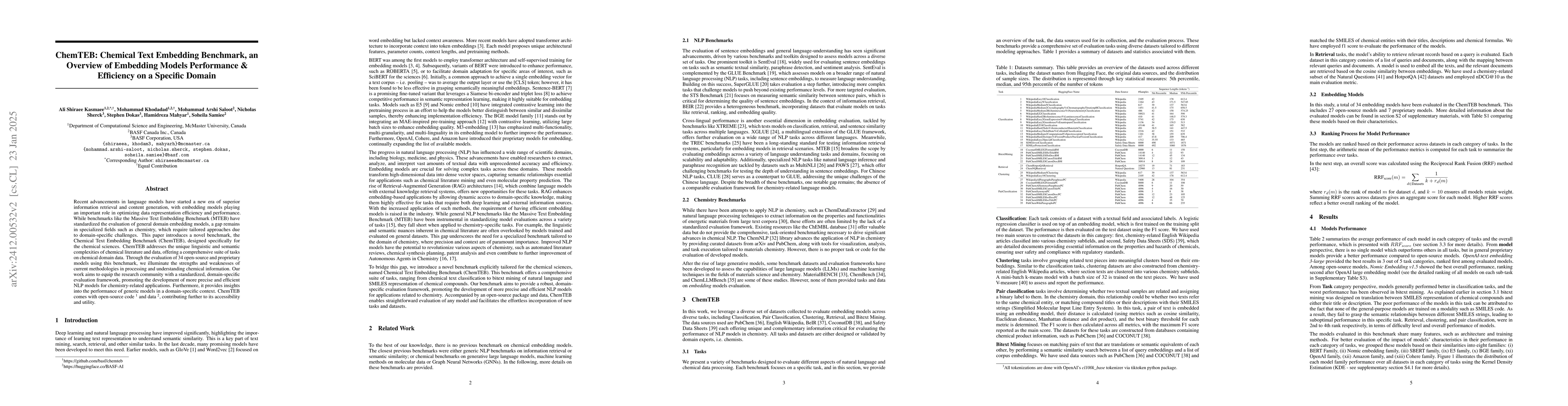 Thumbnail for ChemTEB: Chemical Text Embedding Benchmark, an Overview of Embedding
  Models Performance & Efficiency on a Specific Domain
