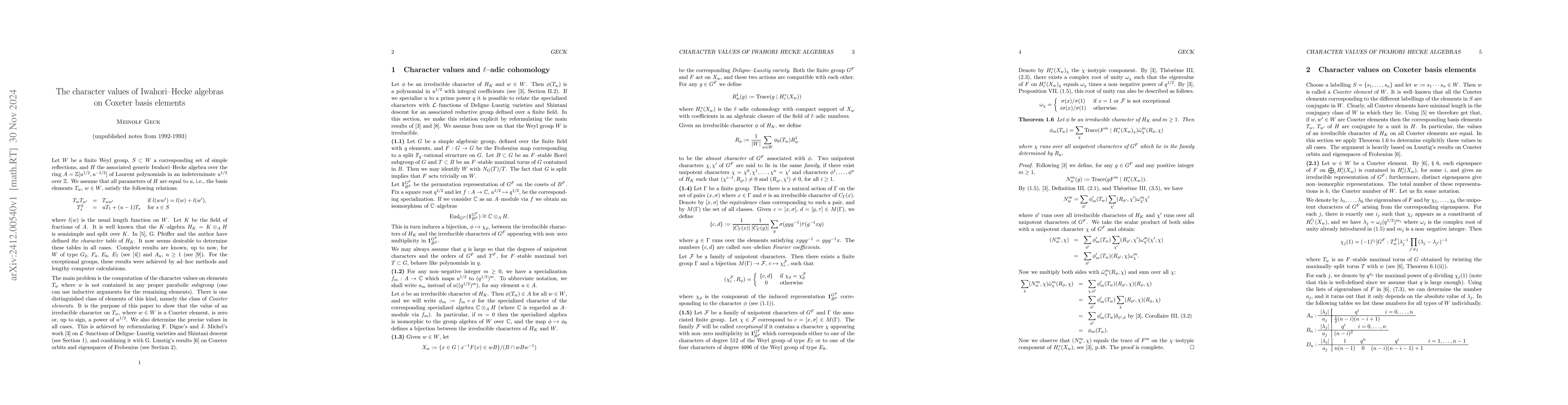 Thumbnail for The character values of Iwahori--Hecke algebras on Coxeter basis
  elements