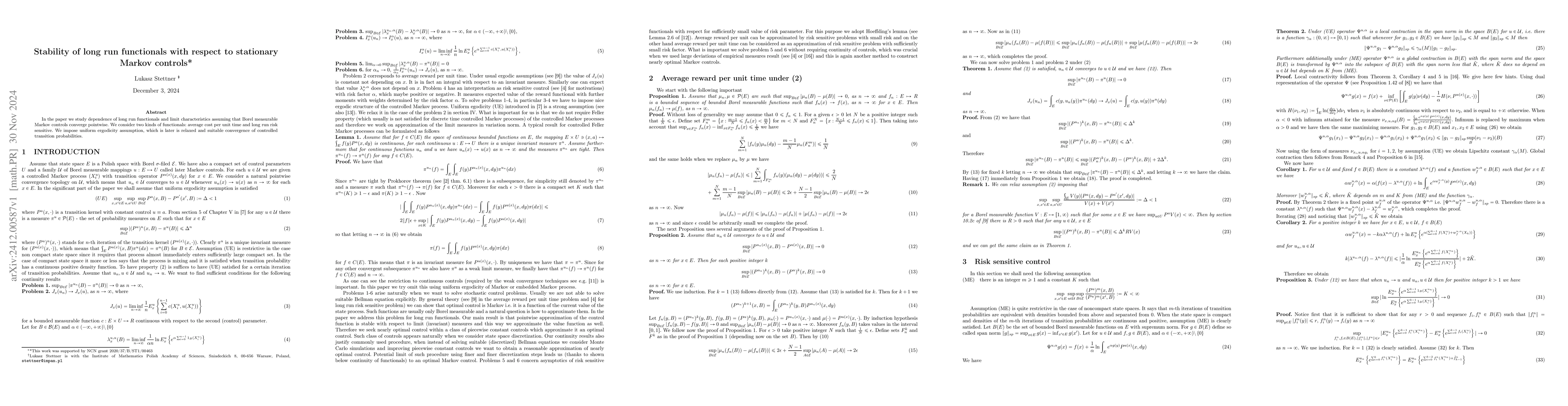 Thumbnail for Stability of long run functionals with respect to stationary Markov
  controls