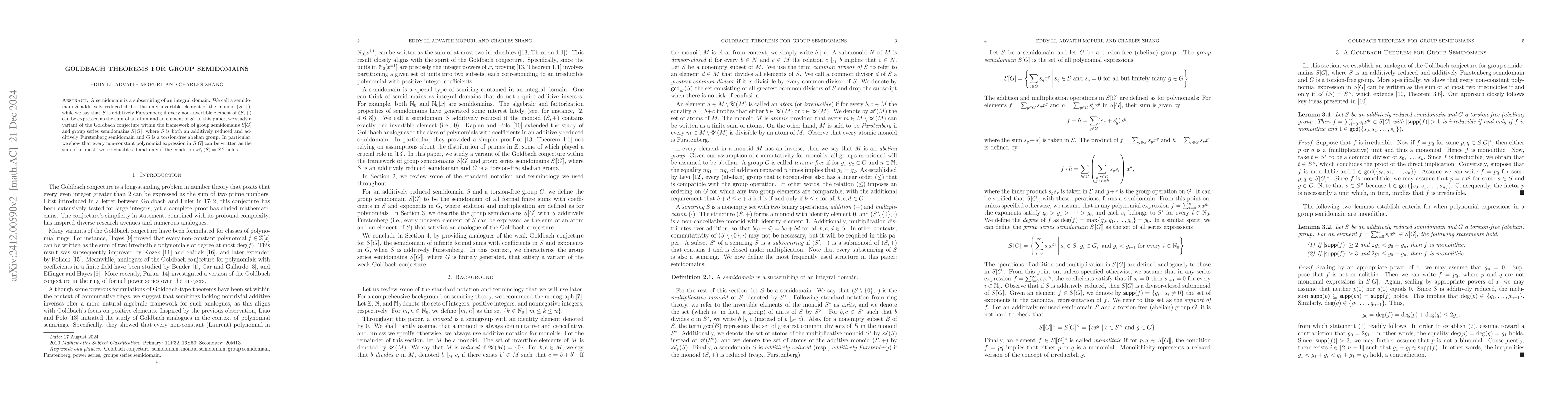 Thumbnail for Goldbach Theorems for Group Semidomains