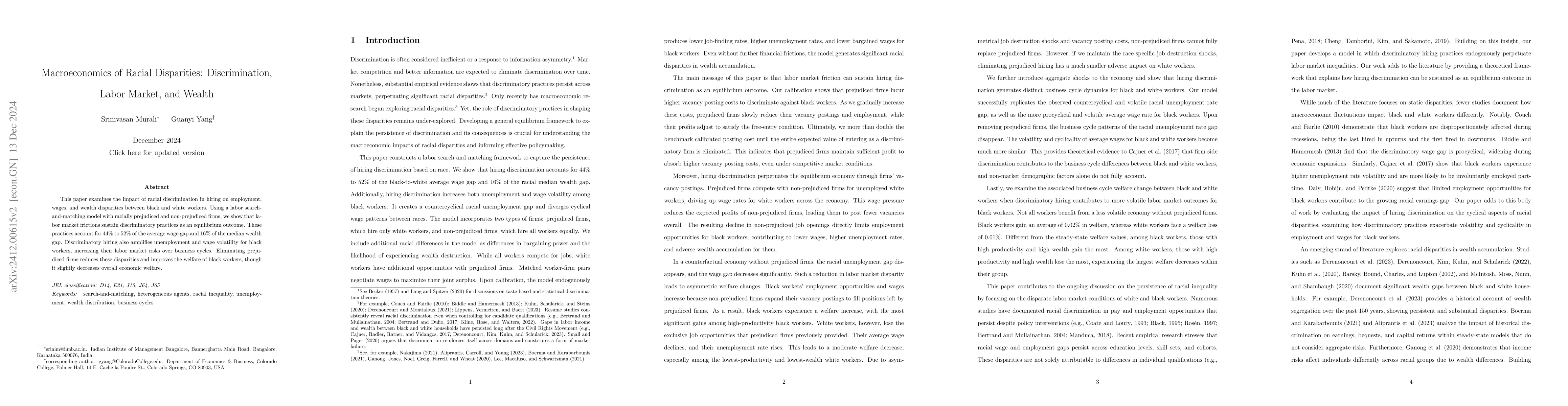 Thumbnail for Macroeconomics of Racial Disparities: Discrimination, Labor Market, and
  Wealth