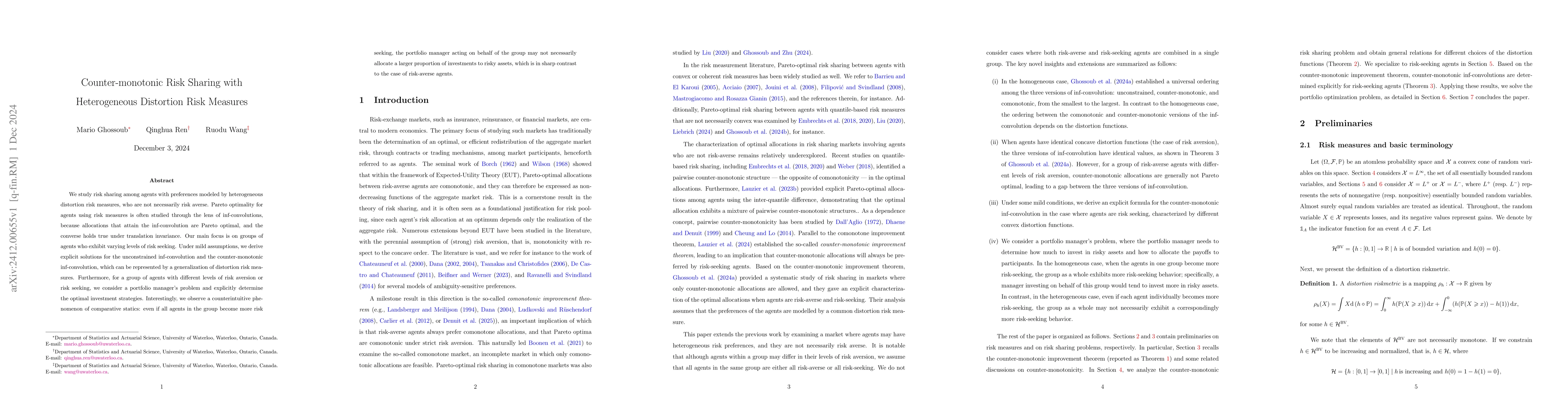 Thumbnail for Counter-monotonic Risk Sharing with Heterogeneous Distortion Risk
  Measures