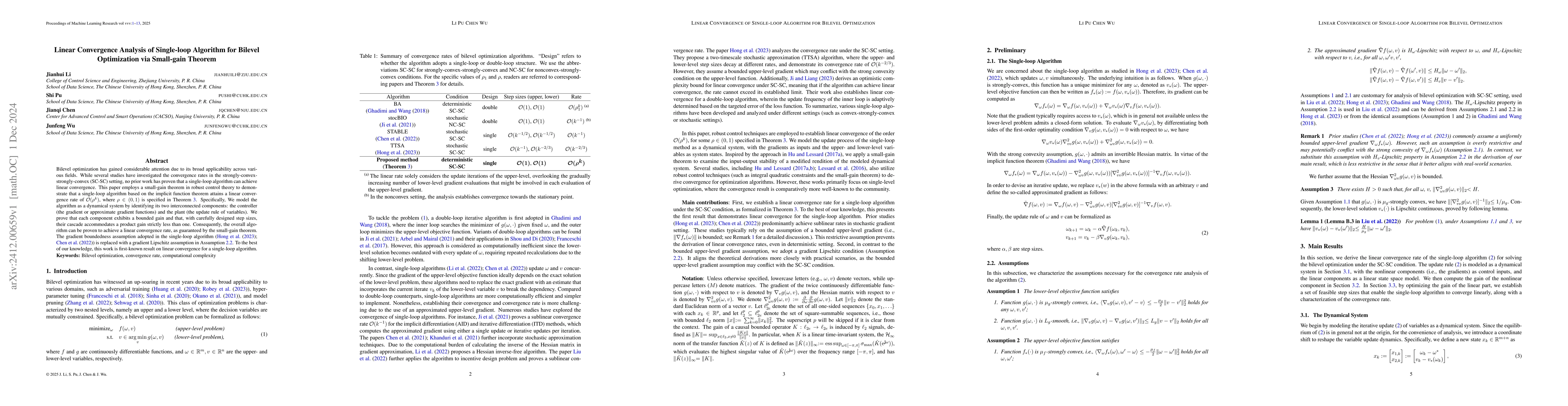 Thumbnail for Linear Convergence Analysis of Single-loop Algorithm for Bilevel
  Optimization via Small-gain Theorem