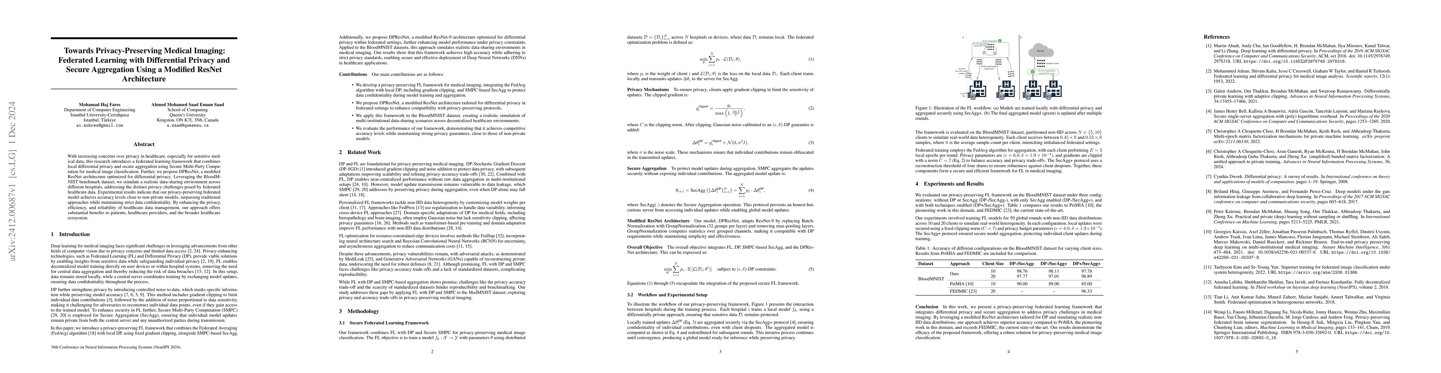Thumbnail for Towards Privacy-Preserving Medical Imaging: Federated Learning with
  Differential Privacy and Secure Aggregation Using a Modified ResNet
  Architecture
