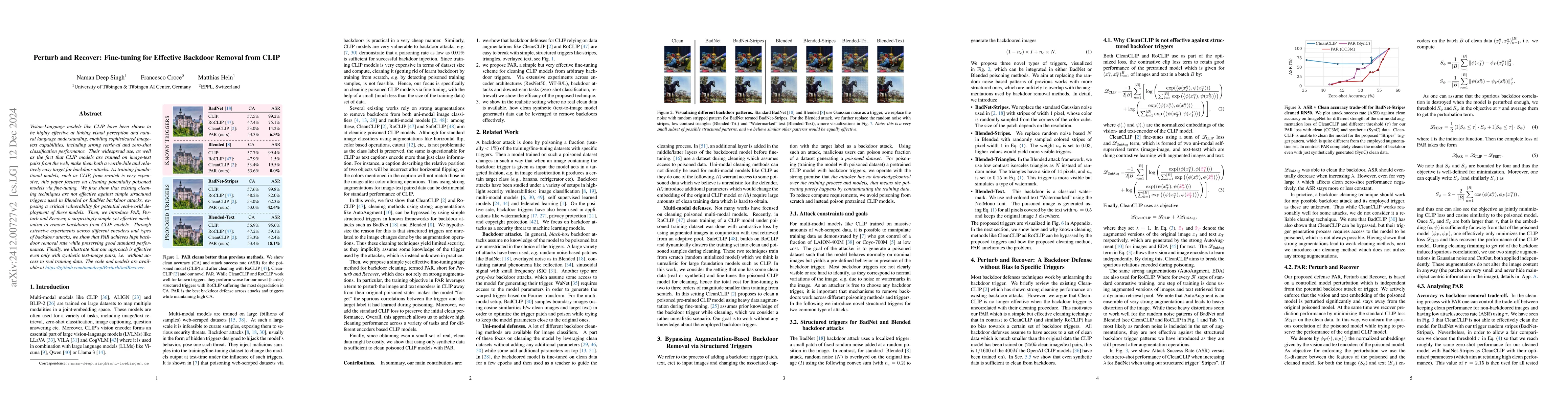 Thumbnail for Perturb and Recover: Fine-tuning for Effective Backdoor Removal from
  CLIP