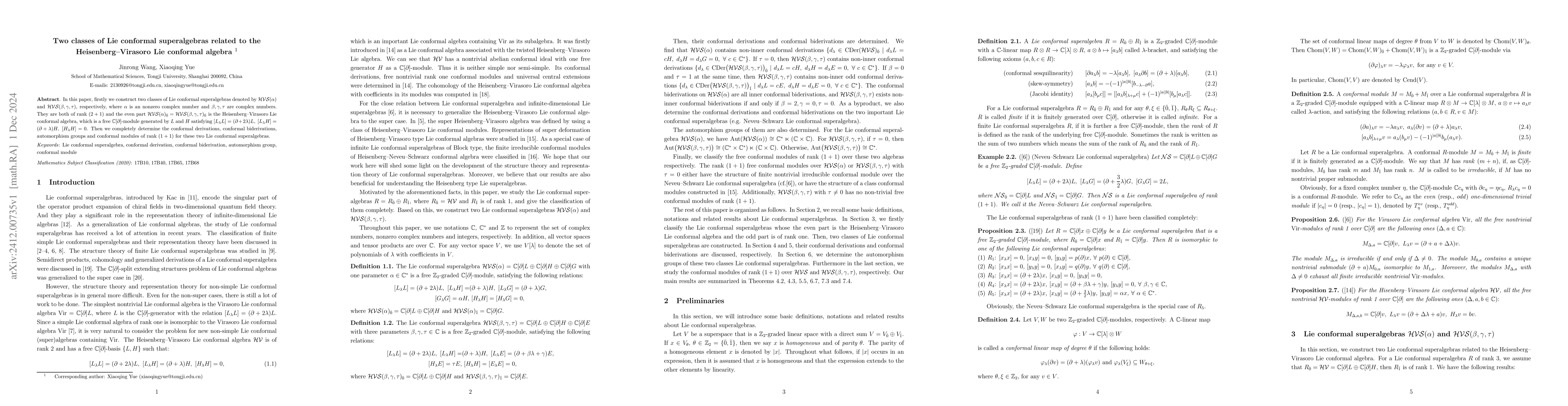 Thumbnail for Two classes of Lie conformal superalgebras related to the
  Heisenberg--Virasoro Lie conformal algebra