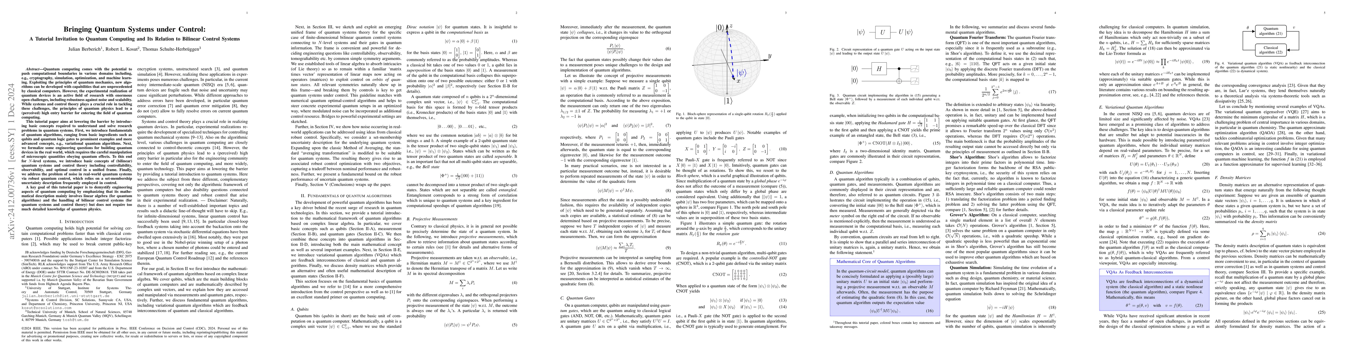 Thumbnail for Bringing Quantum Systems under Control: A Tutorial Invitation to Quantum
  Computing and Its Relation to Bilinear Control Systems
