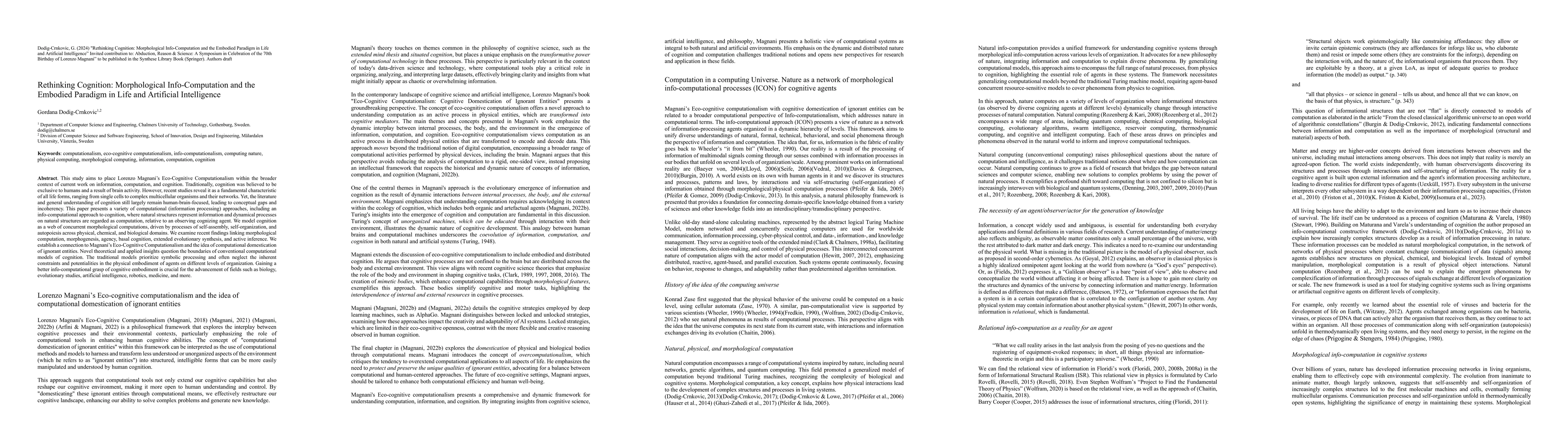 Thumbnail for Rethinking Cognition: Morphological Info-Computation and the Embodied
  Paradigm in Life and Artificial Intelligence