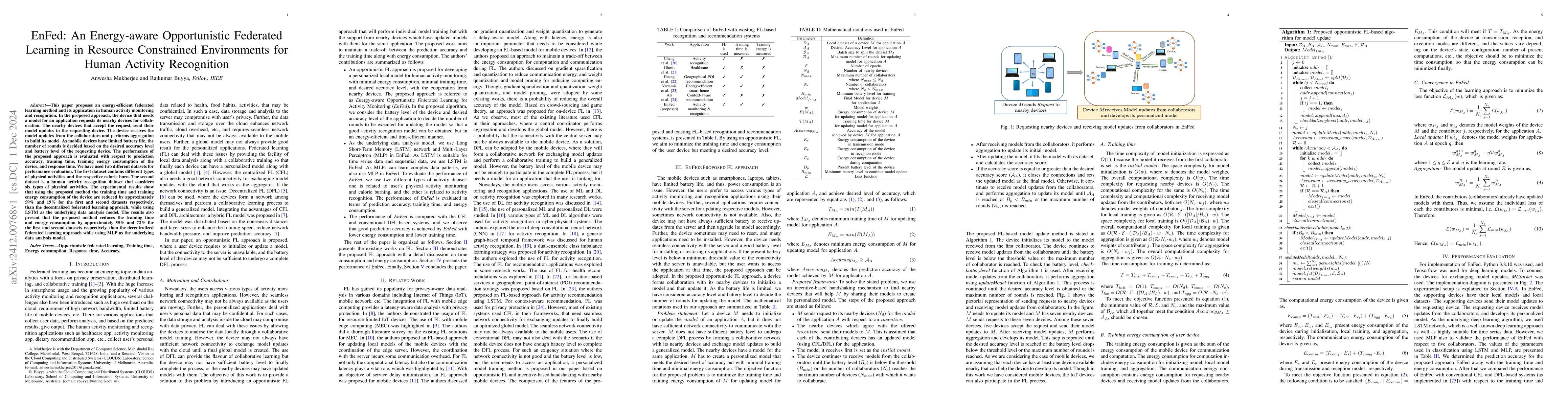 Thumbnail for EnFed: An Energy-aware Opportunistic Federated Learning in Resource
  Constrained Environments for Human Activity Recognition