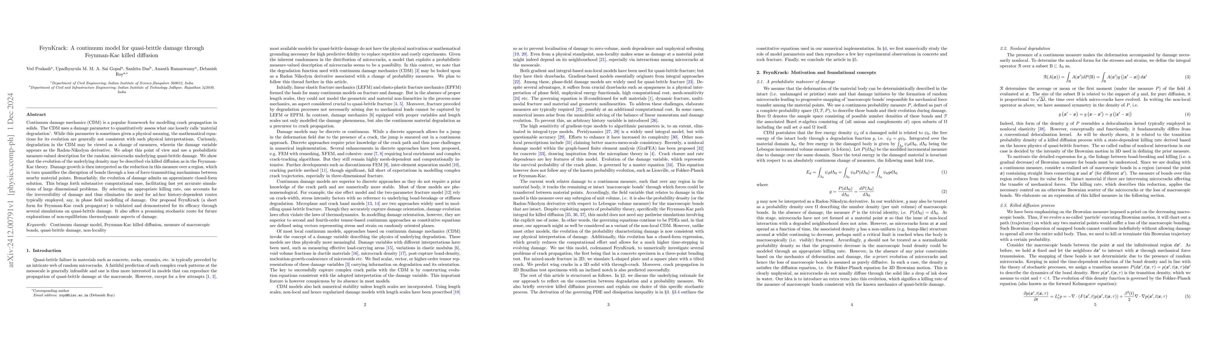 Thumbnail for FeynKrack: A continuum model for quasi-brittle damage through
  Feynman-Kac killed diffusion